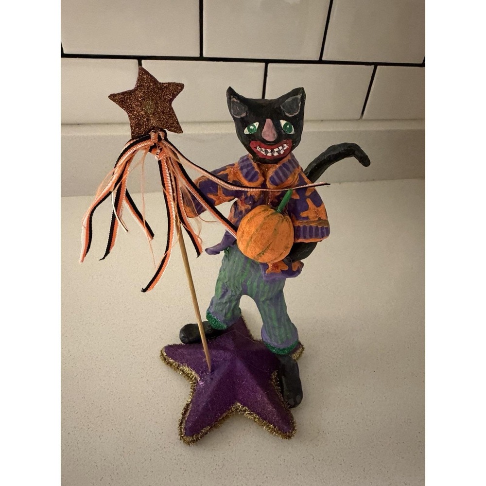 VTG Paper Mache Halloween Black Cat Figurine Pumpkin Star Wand Whimsy Kitschy